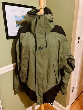Vintage 1990’s Helly Hansen Olive Green Waterproof Raincoat with Hood
